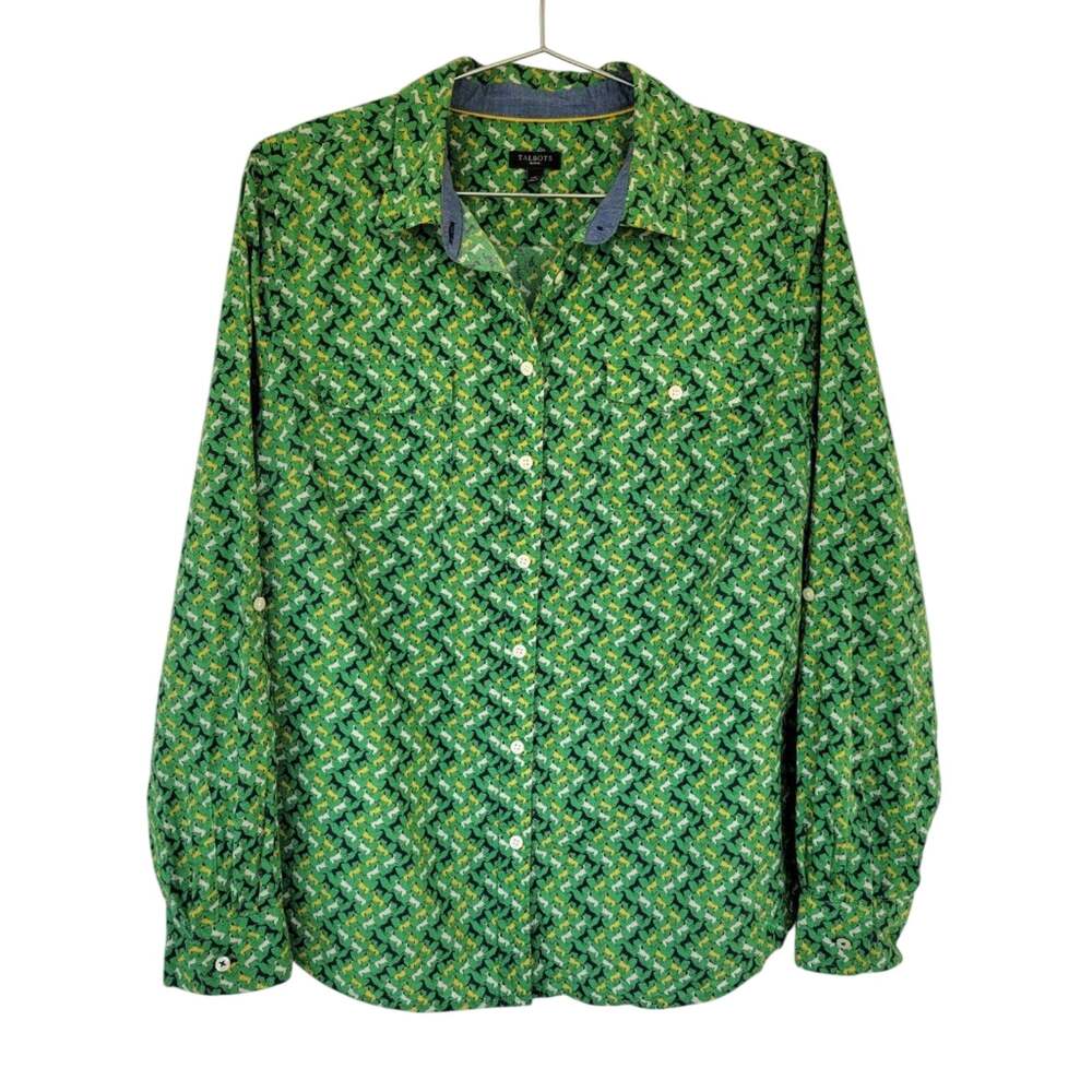Talbots Novelty Print Button Down Blouse Green Horse Print Women Size 14P Cotton